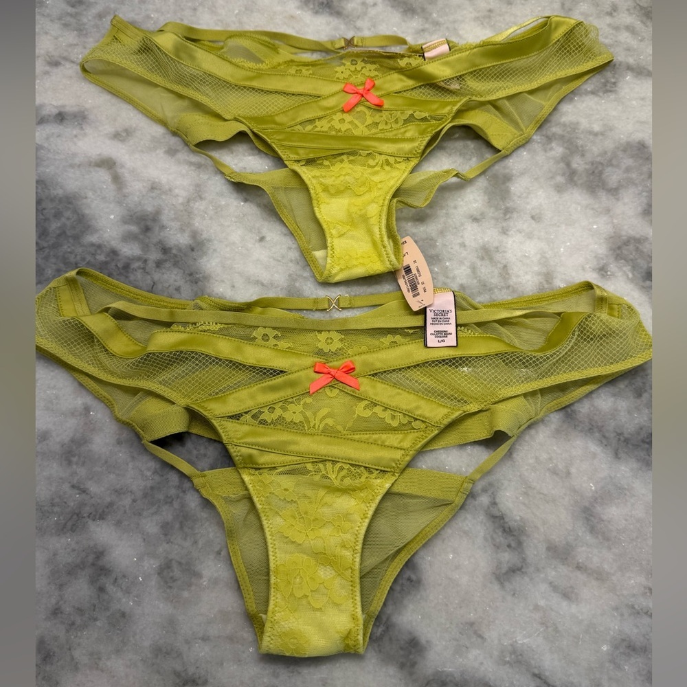 Victoria’s Secret Olive Lace Mesh Panty Set x2 | Red Bow Detail | Size L 💚